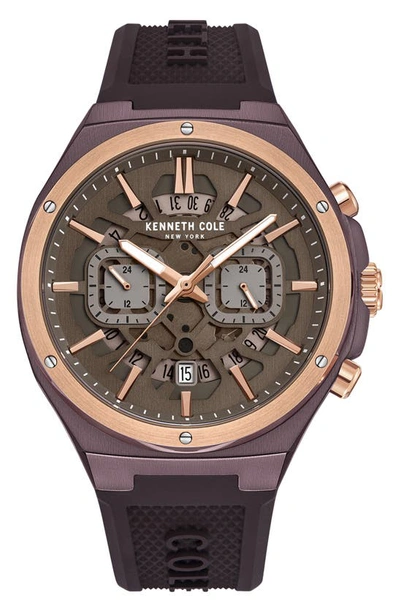 Kenneth Cole Automatic Skeleton Multi-function Silicone Strap Watch In Brown Dark