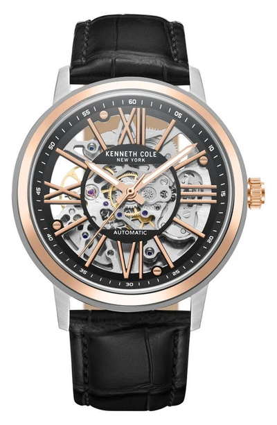 Kenneth Cole Men's Two-tone Stainless Steel & Leather Skeleton Watch In Rose