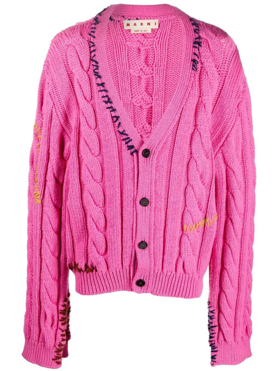 Marni 缝线细节粗绞花针织开衫 In Pink Fluo