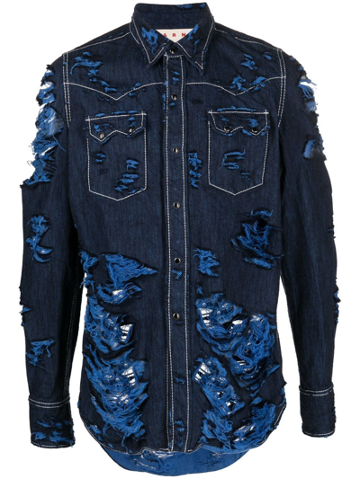 Marni Distressed Denim-effect Shirt In Iris/blue