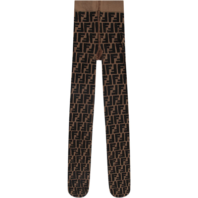 Fendi Kids' Hazelnut Tights For Girl With Double Ff In Brown
