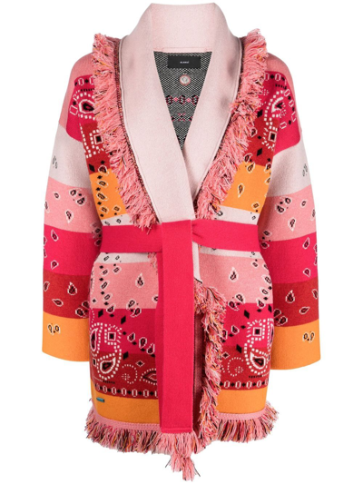 Alanui Belted Fringed Striped Cashmere-jacquard Cardigan In Rosa