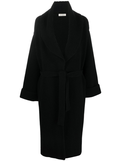 There Was One Ribbed-knit Belted Cardi-coat In Black