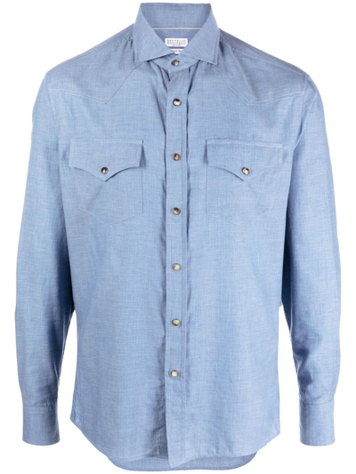 Brunello Cucinelli Snap-button Washed-denim Cotton Shirt In Blue