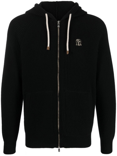 Brunello Cucinelli Zipped Ribbed Cashmere Hoodie In Black