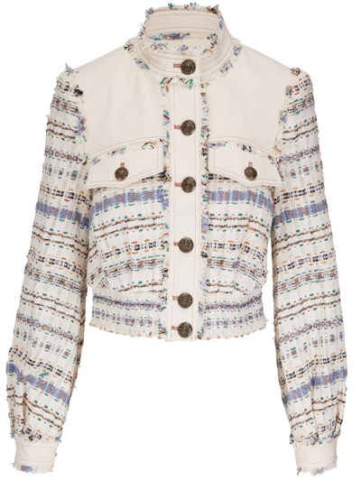 Veronica Beard Darren Cropped Twill-paneled Cotton-blend Bouclé Jacket In Ecru Multi