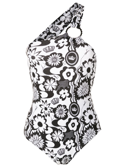 Amir Slama Floral-print One-shoulder Swimsuit In Multicolour