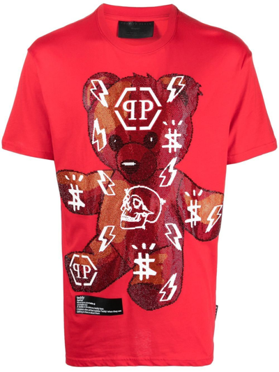Philipp Plein Teddy-logo Print T-shirt In Rot