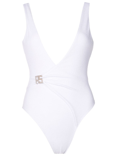 Amir Slama Ribbed Logo-buckle Swimsuit In White
