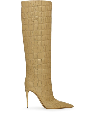 Dolce & Gabbana Metallic Croc-effect Knee Boots In Gold