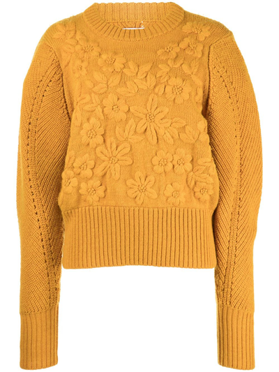 Jason Wu Wool Crewneck Sweater With Floral Embroidery In Honeysuckle