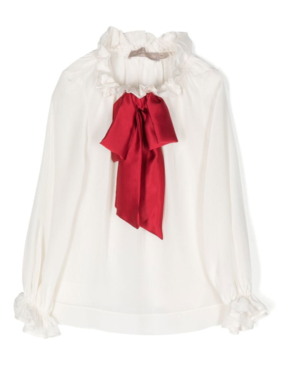 La Stupenderia Kids' Pussy-bow Ruffled Silk Blouse In White
