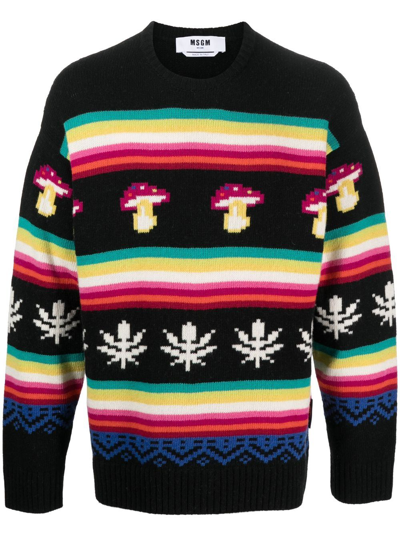 Msgm Mens Wool Crew Neck Sweater With Cross-neck Detail In Multi