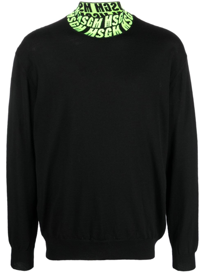 Msgm Logo Jacquard Wool Knit Sweater In Black