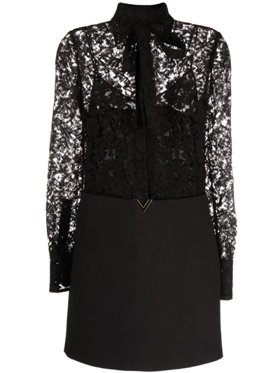 Valentino Floral-lace Long-sleeve Shirt Dress In Black