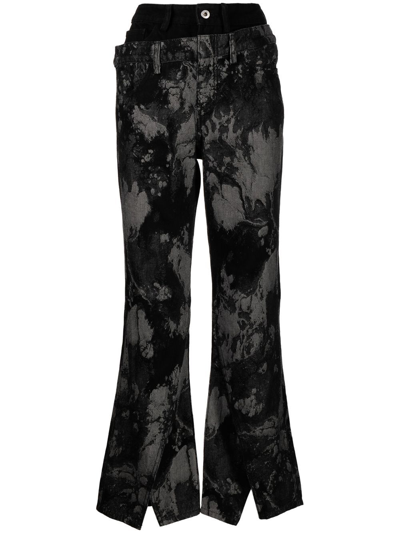Feng Chen Wang Embroidered Double-waisted Flared Jeans In Black