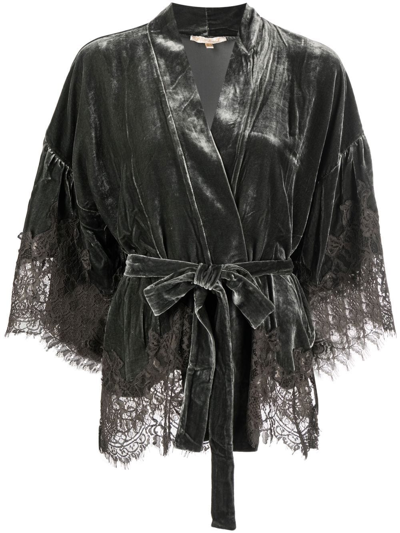 Gold Hawk Lace-detail Velvet Belted Jacket In Grau