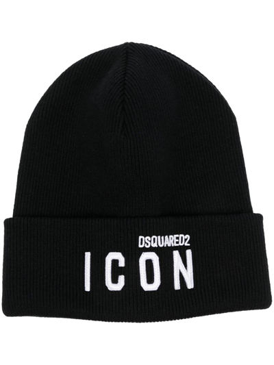 Dsquared2 Icon Logo-embroidered Knitted Beanie In Black