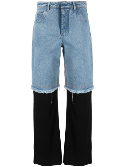 Christopher Esber Deconstruct Jersey-trimmed Frayed High-rise Straight-leg Jeans In Blue