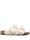 Birkenstock Arizona Teddy Shearling Dual Buckle Sandals In Eggshell