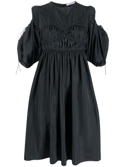 Cecilie Bahnsen Ruched Puff-sleeve Midi Dress In Black