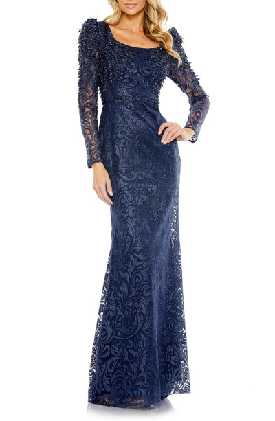Mac Duggal Embroidered Applique Shoulder Detail Trumpet Gown In Midnight