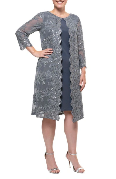 Alex Evenings Embroidered Mock Jacket Cocktail Dress In Grey