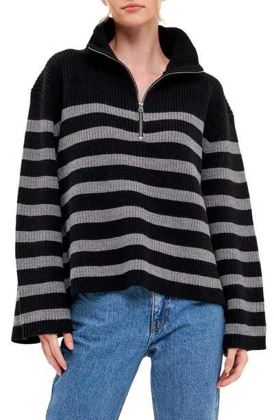 English Factory Striped Knitted Half Zip Up Sweater In Black/ Grey Stripe