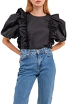 English Factory Double Ruffle Poplin Puff Sleeve Shirt In Black