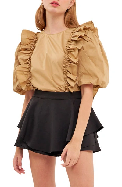 English Factory Double Ruffle Poplin Puff Sleeve Shirt In Beige