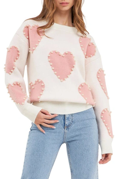English Factory Heart Imitation Pearl Sweater In Pink Multi
