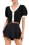 English Factory Colorblock Puff Sleeve Crop Cardigan In Black/ White