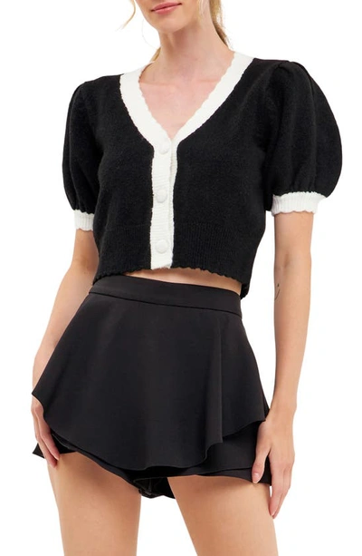 English Factory Colorblock Puff Sleeve Crop Cardigan In Black/ White