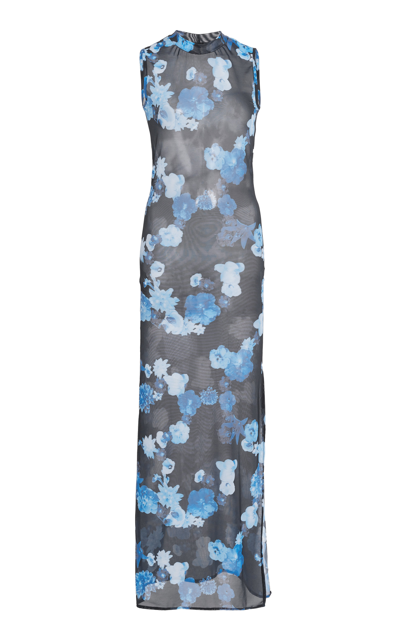 Coperni Flower-print Mock-neck Sleeveless Mesh Maxi Dress In Black