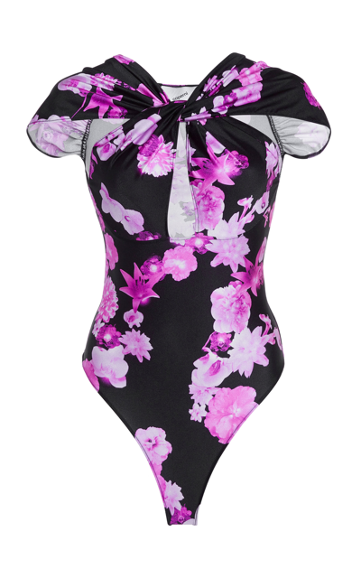 Coperni Floral-print Twisted Stretch-jersey Bodysuit In Pink