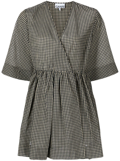 Ganni Gingham-print Seersucker Minidress In 334 Gingham Starfish