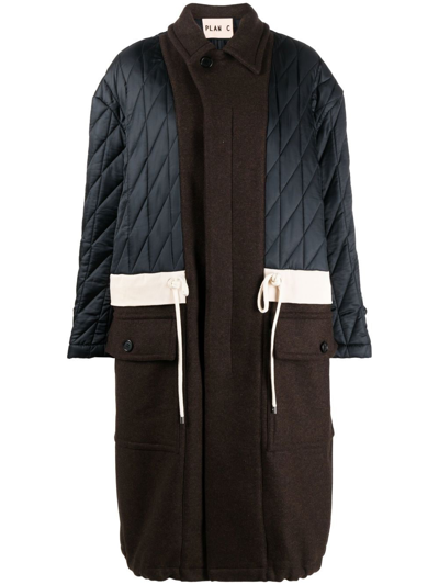 Plan C Quilted Tricolor Drawstring Coat In Marrone