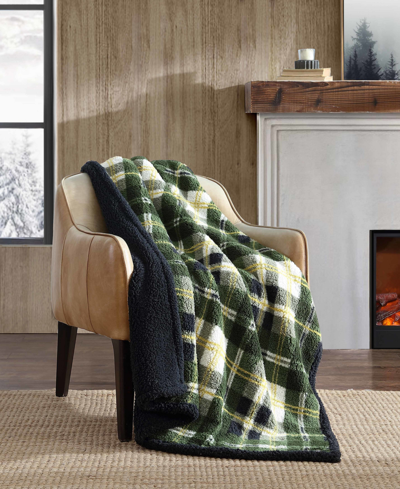 Eddie Bauer Faux Shearling Reversible Throw Blanket, 50" X 60" In Trailhead Plaid Green Loden