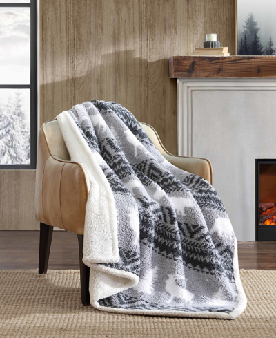 Eddie Bauer Faux Shearling Reversible Throw Blanket, 50" X 60" Bedding In Woodland Fair Isle Gray