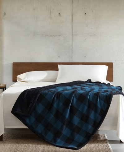 Eddie Bauer Plaid Cotton Yarn Dye Flannel Faux Shearling Reverse Throw, 60" X 50" In Cabin Plaid Dusted Indigo
