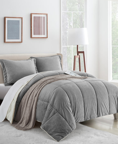 Unikome Classic 3 Piece Mediumweight Quilt Sherpa Ultra-soft Reversible Down Alternative Comforter Set, Quee In Gray