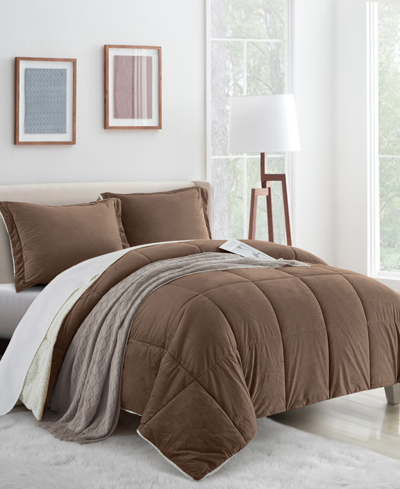 Unikome Classic 3 Piece Mediumweight Quilt Sherpa Ultra-soft Reversible Down Alternative Comforter Set, King In Brown