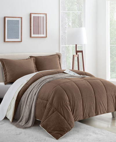 Unikome Classic 3 Piece Mediumweight Quilt Sherpa Ultra-soft Reversible Down Alternative Comforter Set, Quee In Brown