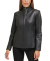 Cole Haan Leather Stand Collar Jacket In Black