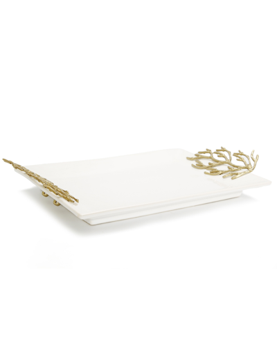 Classic Touch Ceramic Tray With Coral Design Handles, 17.5" X 10.5" In White And Gold-tone