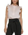 Dkny Petite Printed Ruffle-trimmed Sleeveless V-neck Blouse In Champagne