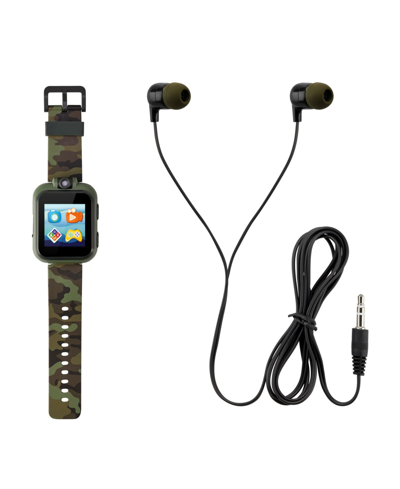 Playzoom Kid's Dark Green Camo Prints Silicone Strap Touchscreen Smart Watch 42mm With Earbuds Gift Set