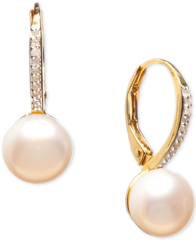 Macy's Cultured Freshwater Pearl (10mm) And Diamond (1/10 Ct. T.w.) Leverback Earrings In Sterling Silver O In Gold