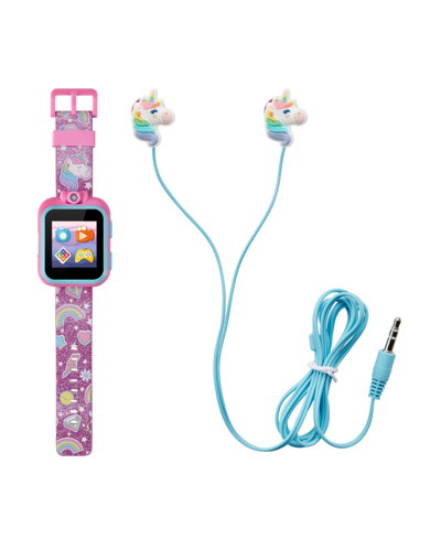 Playzoom Kid's Purple Glitter Unicorn Silicone Strap Touchscreen Smart Watch 42mm With Earbuds Gift Set