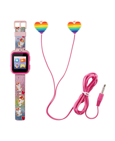Playzoom Kid's Rainbow Glitter Corgi Dog Silicone Strap Touchscreen Smart Watch 42mm With Earbuds Gift Set